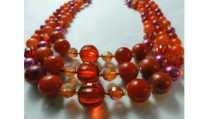 Vintage 60s Triple Strand Choker Necklace Orange Autumn Fall Tone Plastic Beads - Fashionconservatory.com