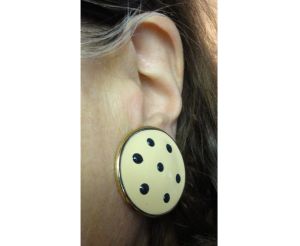 Vintage Mod 60's Earrings Large Round Navy Blue Polka Dot Enamel Metal Clip On Clips