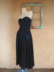 1980s Black Satin Strapless Dress 50s Style Sz M - Fashionconservatory.com