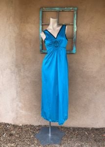 1980s Blue Nightgown Nightie With Black Lace