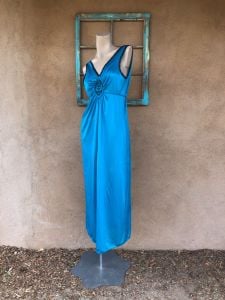 1980s Blue Nightgown Nightie With Black Lace - Fashionconservatory.com