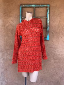1990s Orange Crochet Hoodie Sweater Sz S M