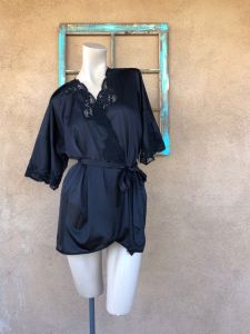 1980s Black Short Robe Wrapper Dressing Gown Sz S M