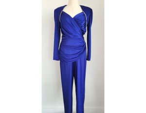 Abby Kent jersey knit jumpsuit with rhinestone trim, vintage-1980s, shoulder pads, dramatic disco 