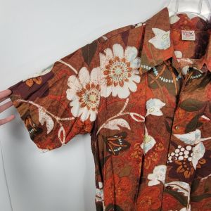 Vintage Barefoot in Paradise Hawaiian Shirt Orange Brown Floral - Fashionconservatory.com