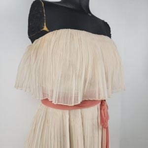 Vintage 1960s Miss Elliette Beige & Pink Strapless Pleated Chiffon - Fashionconservatory.com