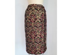 Larry Aldrich wiggle skirt with matching belt, gold lame jacquard weave with seed beads