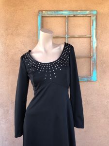 1970s Black Maxi Dress Prong Set Rhinestones Sz M - Fashionconservatory.com
