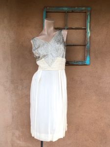 1960s Off White Chiffon Dress Silver Sequin Bodice Sz S M - Fashionconservatory.com