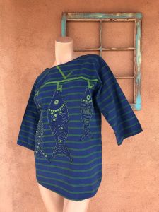 1960s Striped T Shirt Tunic Mexican Embroidered Fish Sz L - Fashionconservatory.com