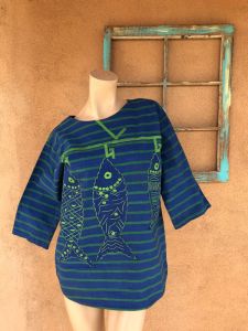 1960s Striped T Shirt Tunic Mexican Embroidered Fish Sz L