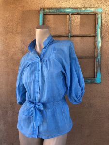 1970s Blue Indian Cotton Blouse Button Up Sz S M - Fashionconservatory.com