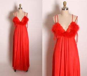 1970s Red Fuzzy Marabou Feather Trim Spaghetti Strap Lace Full Length Night Gown by JCPenney 