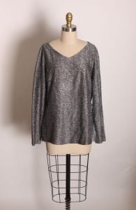 1970s Black and Silver Lurex Long Sleeve V Neck Pullover Blouse by Alice Stuart  - Fashionconservatory.com