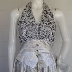 Silver Lame Gown XS/S, Embellished Halter V-neck Crinoline Maxi Jessica McClintock - Fashionconservatory.com