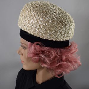 Cream & Black Lightweight Vintage 60s Straw Bubble Hat  - Fashionconservatory.com