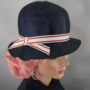 Navy Blue Straw Vintage 30s Cloche Style Hat with Cream & Red Ribbon Accent