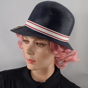 Navy Blue Straw Vintage 30s Cloche Style Hat with Cream & Red Ribbon Accent - Fashionconservatory.com