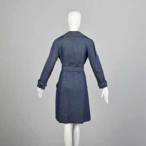 Small 1970s Navy Blue Double Breasted Denim Trench Coat Long Jean Jacket  - Fashionconservatory.com