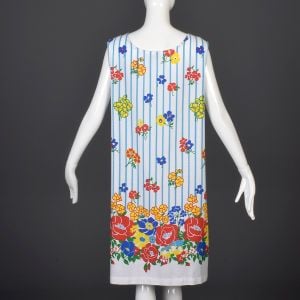 XL White Sack Dress 1970s Blue Stripe Yellow Red and Green Floral Print Sleeveless House Dress - Fashionconservatory.com
