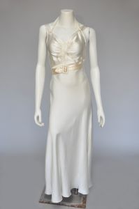 1930s ivory satin halter wedding dress with belt XS