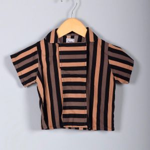 1950s Boys Beige Brown Black Stripe Shirt Center Flap Loop Collar Short Sleeve Rockabilly