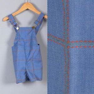 1970s Deadstock Boys Blue Windowpane Overalls Orange Gray Stitching Bibs Coveralls Overalls 70s Vint