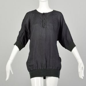 Medium 1990s Black Silk Shirt Loose-Fitting Ribbed Knit Collar Cuffs Destroyed AS IS