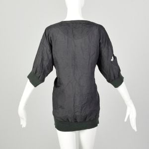 Medium 1990s Black Silk Shirt Loose-Fitting Ribbed Knit Collar Cuffs Destroyed AS IS - Fashionconservatory.com