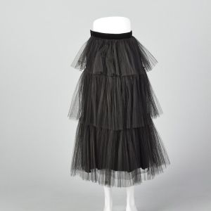 XXS 1950s Layered Tulle Skirt Velvet Waistband Black Pleated Full Midi Length Rockabilly - Fashionconservatory.com