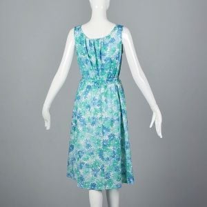 Medium Blue Dress 1970s Blue and Green Floral Sheer Belted Sleeveless Spring Dress - Fashionconservatory.com