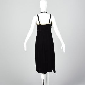 XS 1940s Black Velvet Dress Halter Straps Ruched Bodice White Lace Trim Cocktail Party - Fashionconservatory.com
