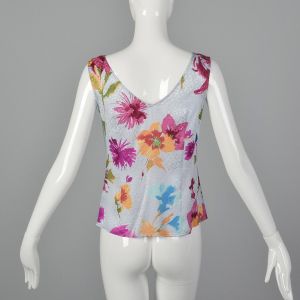Small 1990s Escada Top Sleeveless Silk White Pink Blue Green Floral Print Blouse  - Fashionconservatory.com