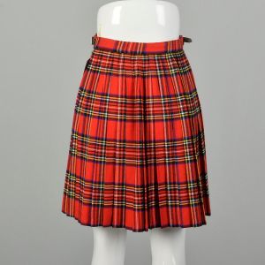  XS 1970s Red Tartan Plaid Skirt Pleated Schoolgirl Micro Mini Wrap - Fashionconservatory.com