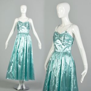 Small 1980s Aqua Sleeveless Pleated Shiny Prom Dress Formal Gown