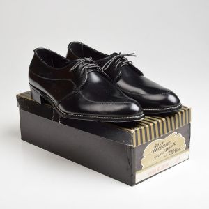 Sz10.5 1960s Black Leather Milano Casual Derby Lace-Up Vintage Deadstock Shoes