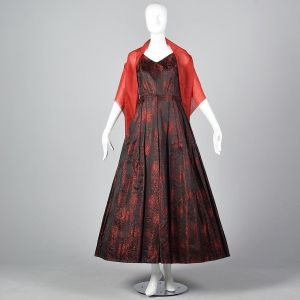 XS 1950s Formal Evening Dress Prom Black Red Brocade Gown - Fashionconservatory.com