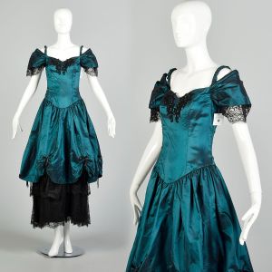 XS 1980s Alfred Angelo Teal Satin Black Lace Layered Evening Prom Dress