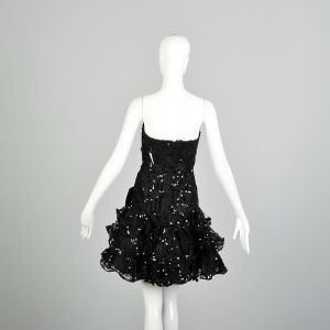 Medium 1980s Black Sequin Ruffle Lace Cocktail Party Prom Dress - Fashionconservatory.com