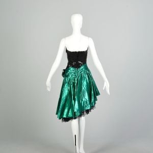 XS 1980s Green Lame Black Sequin Asymmetrical Strapless Evening Party Dress - Fashionconservatory.com