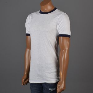 XS 1970s Loop Wheel T Shirt Unisex All Cotton Ringer Short Sleeve White Navy Lightweight - Fashionconservatory.com
