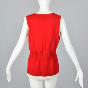 Small 1960s Vest Red Knit with Gold Buttons White Trim Gathered Cable Knit Waist - Fashionconservatory.com