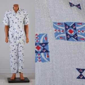 Large 1950s Mens Pajamas Geometric Print Short Sleeve Summer Sleepwear