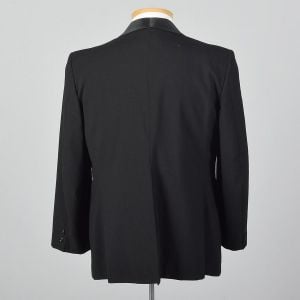 Large 42S 1970s Mens Tuxedo Jacket Black Single Button Convertible Pockets Satin Peak Lapels Formal  - Fashionconservatory.com