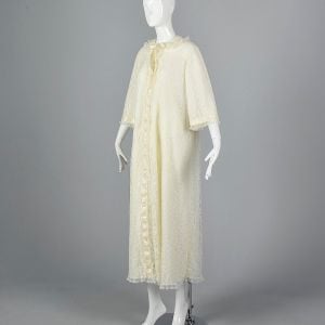 Large Ivory White Peignoir 1970s Long Lace Trim Dressing Gown Bridal Lingerie Honeymoon Robe - Fashionconservatory.com