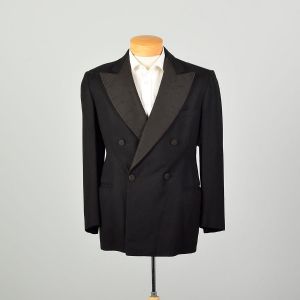 Medium 1930s Black Tuxedo Jacket Contrast Peak Lapel Ventless 4 Button Double Breasted