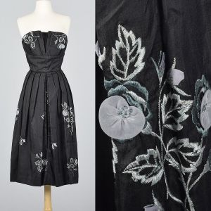 Small 1950s Strapless Silk Dress Black Floral Embroidery Hidden Front Panel Cocktail 