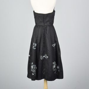 Small 1950s Strapless Silk Dress Black Floral Embroidery Hidden Front Panel Cocktail  - Fashionconservatory.com