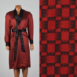 Medium 1950s Robe Red and Black Smoking Jacket Long Sleeve 