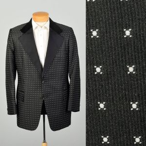 42L 1970s Vintage Tuxedo Jacket Black and White Dot Pattern
